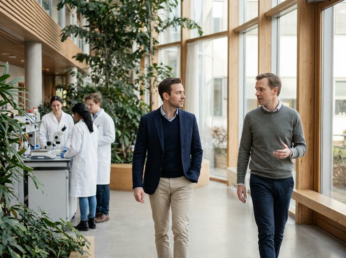 Zwei Führungskräfte im Gespräch im Atrium eines Biotech-Unternehmens